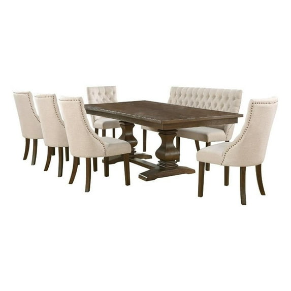 7pc Walnut Wood Dining Set with Extendable Table + Beige Linen Chairs + Bench