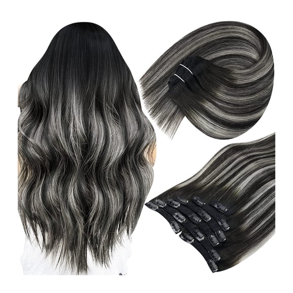 7pcs 120g Clip in Hair Extensions Human Hair Black Balayage Clip in Extensions Natural Black Ombre Grey Blonde Balayage Human Hair Extensions Clip in Remy Hair