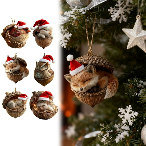 7pcs 2D Forest Animal Acorn Ornaments – Cozy Forest Christmas Ornaments 2026 New Pine Cone Animal Decoration Acrylic Animal with Santa Hat Christmas Tree Hanging Ornament for Home Party Décor #B8