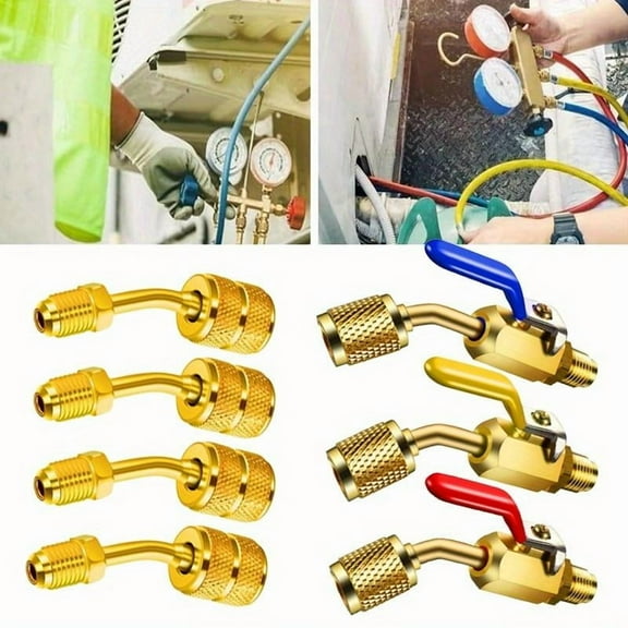 7pcs Air Conditioning Refrigerant Angled Compact Ball Valve,1/ 4 Inch for R410A R134A R12 R22 HVAC and R410A Adapter 5/ 16 Inch Female To 1/ 4 Inch Male Flare for Mini Split System,Hand Tools Kits