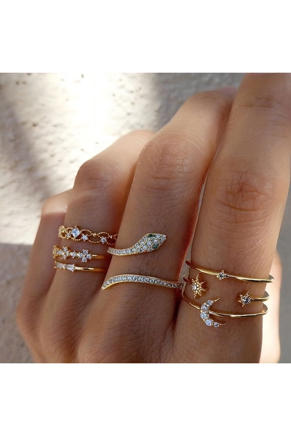 7pcs Alloy with Crystal Rhinestone Finger Rings Snake/Moon/Heart Golden Inner Diameter: 16~19mm