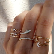 7pcs Alloy with Crystal Rhinestone Finger Rings Snake/Moon/Heart Golden Inner Diameter 1619mm