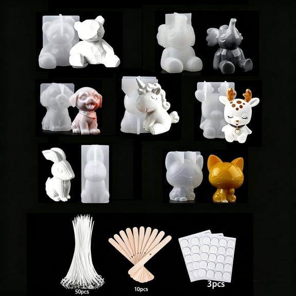 7pcs Animal Silicone Resin Molds with 50pcs Candlewick Set, 3D Craft Casting Molds for Unicorns, Rabbits, Bears, Deer, Kittens, Dogs & Elephants, Reusable Silicone Molds for Taba Squishy, Epoxy Resin
