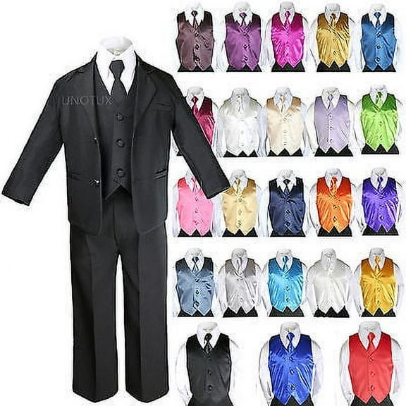 7pcs Baby Boy Teen Formal Wedding Party Black Tuxedo Suits Vest Necktie Set S-20
