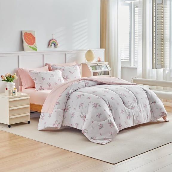 7pcs Bed in a Bag for Girls, Floral Pink Design, Queen Size Microfiber Comforter Sheet Set, Soft Cozy Bedding Comforter Set for All Season