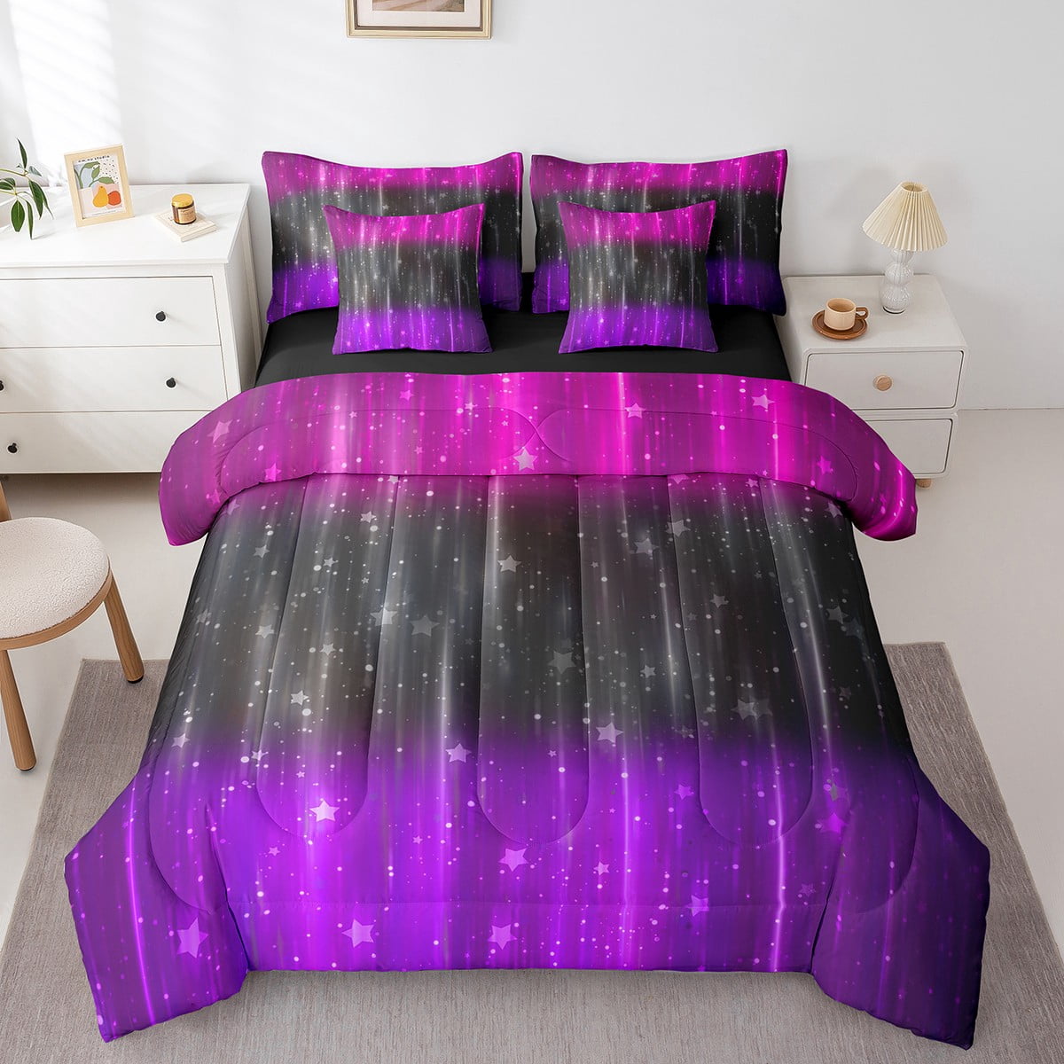 Holawakaka Kids Space Star Comforter Set - Twin Size Ombre Red & Purple Glitter Bedding - View #10