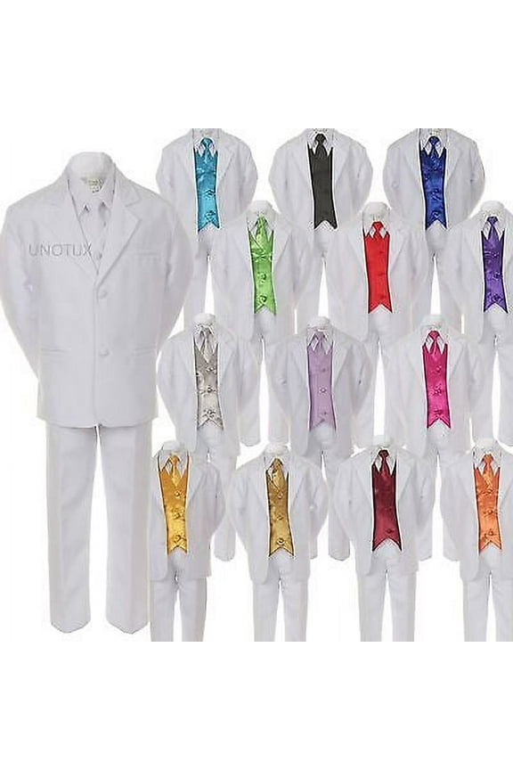 7pcs Boys Formal Wedding White Suits Tuxedo Vest Necktie Sets Outfits All Sizes