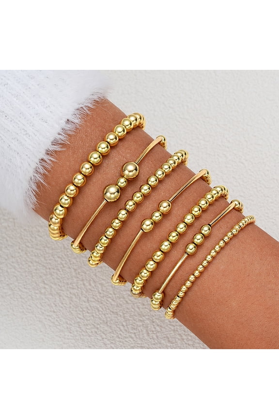 7pcs CCB Round Beaded Stretch Bracelets Golden 190~205mm