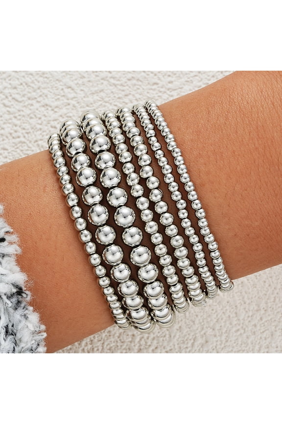 7pcs CCB Round Beaded Stretch Bracelets Platinum 190~205mm