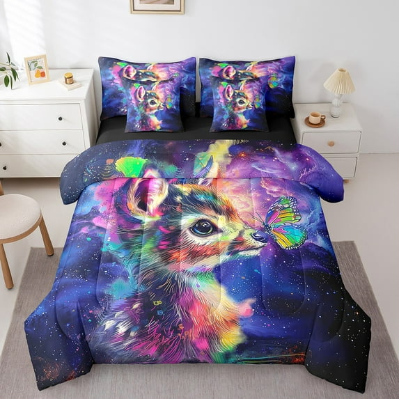 7pcs Cartoon Deer Bedding King Watercolor Animal Comforter Set , Psychedelic Galaxy Stars Bedding Comforter Sets Rainbow Graffiti Bed in a Bag, Trippy Nebula Cosmos Bedding Accessories