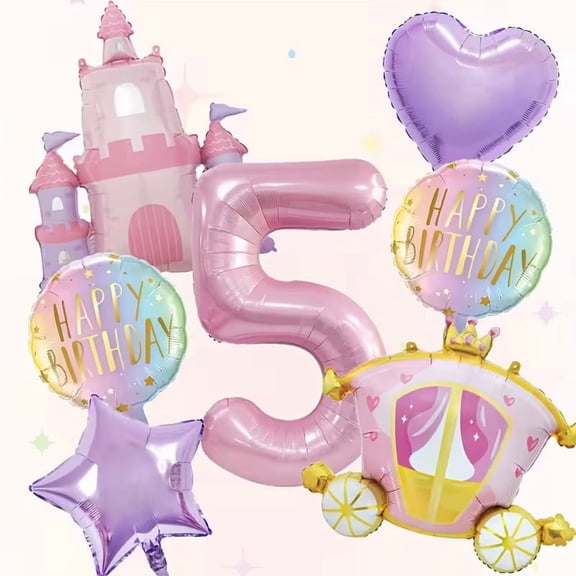 7pcs Castle Princess Car Balloon Set with 32-inch Pink Number Balloon for Magical Birthday Celebrations
