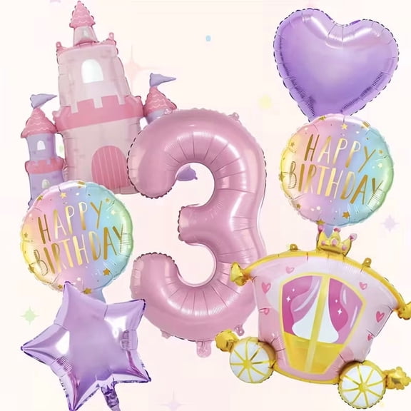 7pcs Castle Princess Car Balloon Set with 32-inch Pink Number Balloon for Magical Birthday Celebrations
