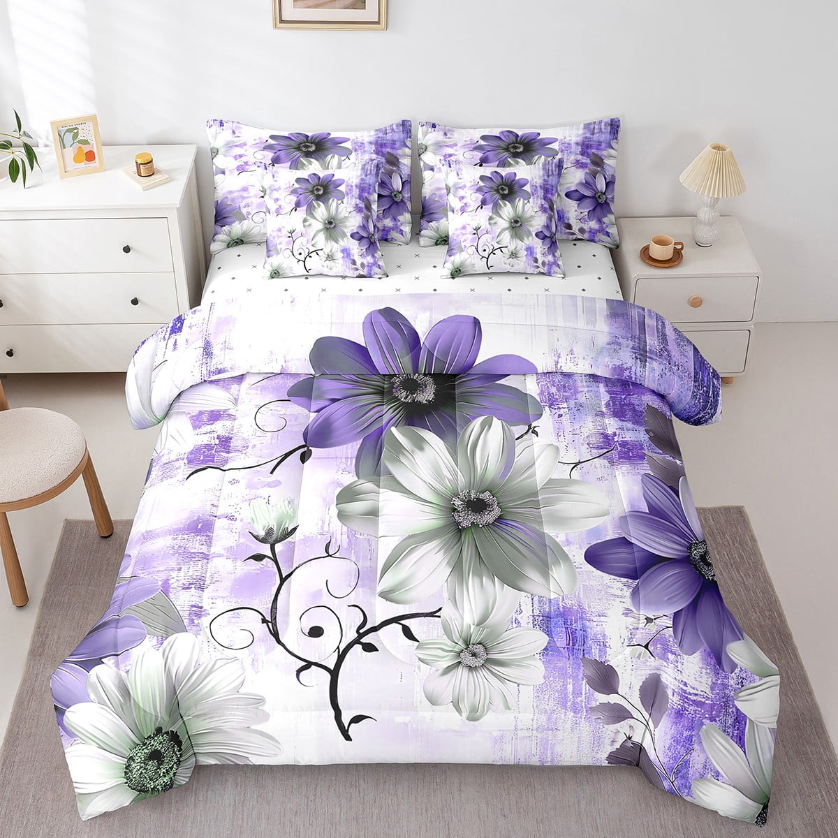 7pcs Chic Floral Bedding Queen Size for Girls Women Daisy Flower