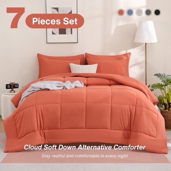 7pcs Comforter Set Full Size Orange - Bed In A Bag Set, Bedding Sets With Box Stitches All Season Quilted Comforter