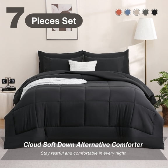 7pcs Comforter Set King Size Black - Bed In A Bag Set, Bedding Sets With Box Stitches All Season Quilted Comforter