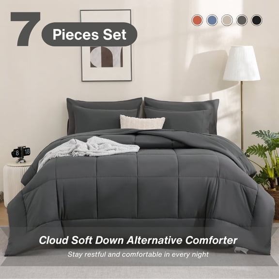 7pcs Comforter Set King Size Dark Grey - Bed In A Bag Set, Bedding Sets With Box Stitches All Season Quilted Comforter