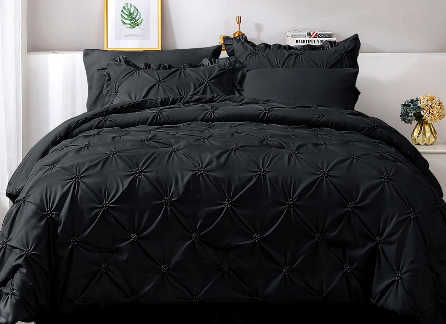 Queen Black Microfiber Down Alternative Bed in a Bag Set