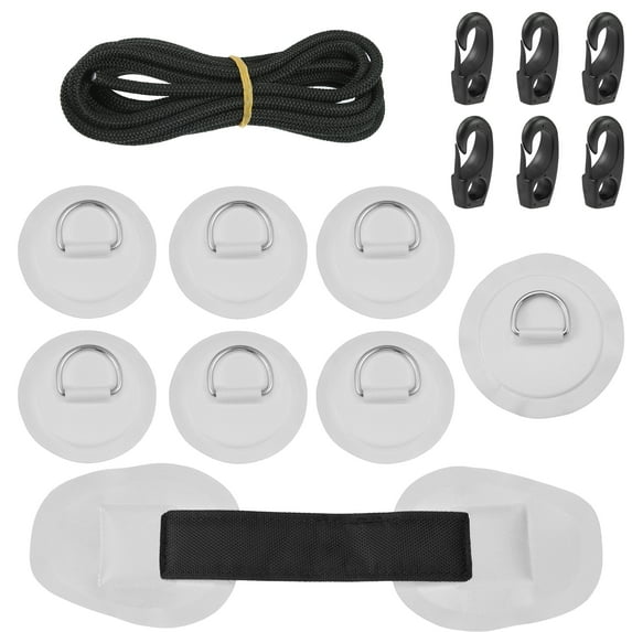 7pcs D-Ring Patch Round Shape D Ring 11.5ft Elastic Shock Rope with 6 Hooks Accessories for Inflatable Boat Gray