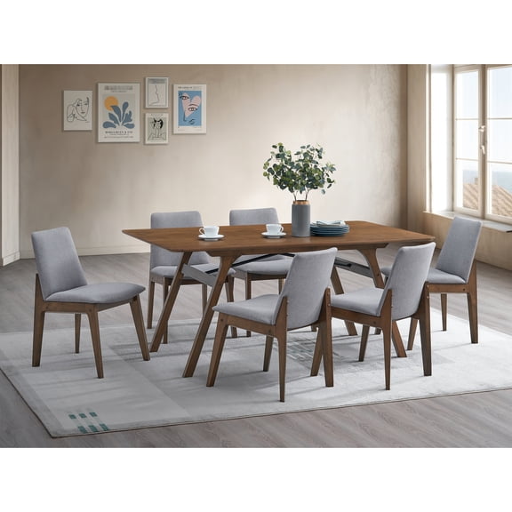 7pcs Dining Setup - Gray & Walnut, Rectangular Table And 6 Stylish Side Chairs, Scandinavian Taste Collection Finish, Table, Cushioned Seating, Glamour