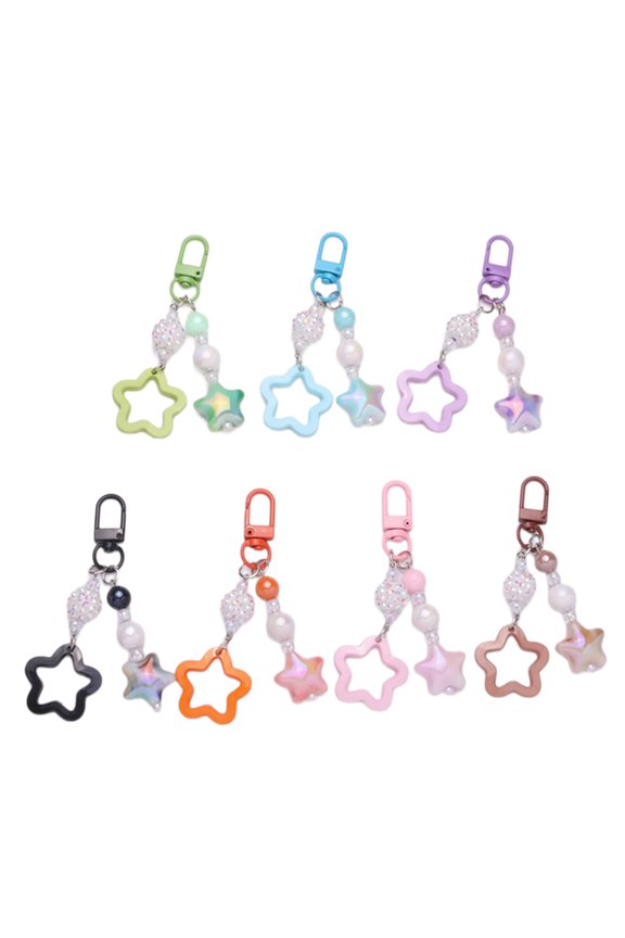 7pcs Five Pointed Star Beaded Keychains Multifunctional Clip Candy Color Acrylic Rings Women Bag Accessories