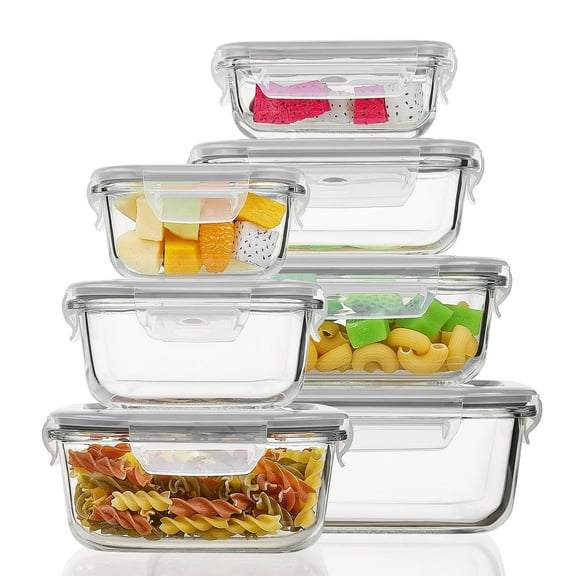 7pcs Glass Storage Container Set with Lids, Vtopmart Meal Prep Containers, Airtight Bento Boxes, Gray