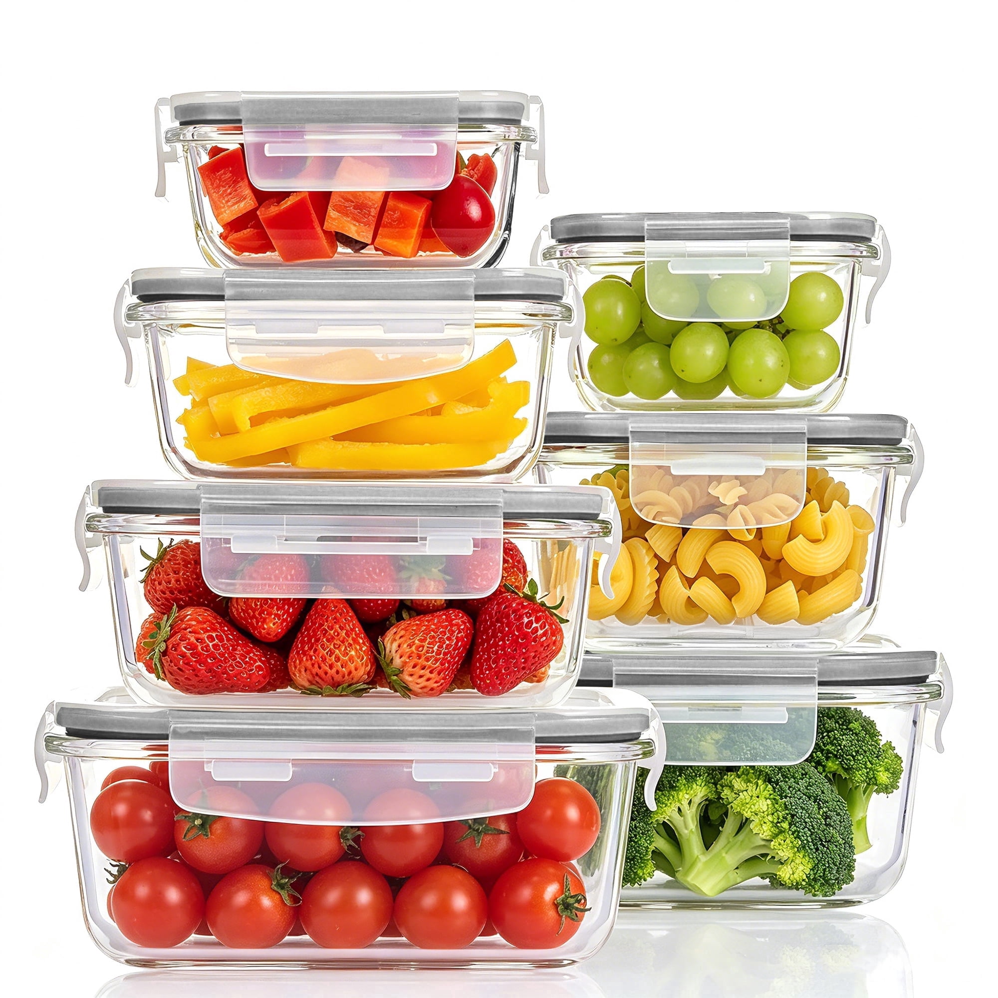 7pcs Glass Storage Container Set with Lids, Sindcom Meal Prep Containers, Airtight Bento Boxes, Gray