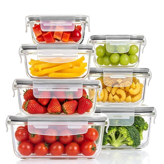 7pcs Glass Storage Container Set with Lids, Sindcom Meal Prep Containers, Airtight Bento Boxes, Gray
