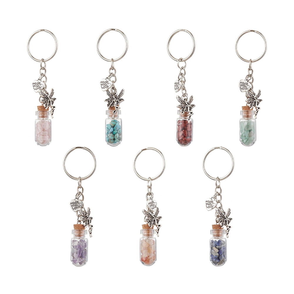 7pcs Glass Wish Bottle Keychains with Iron Split Key Rings and Gemstone Chip Beads 89mm