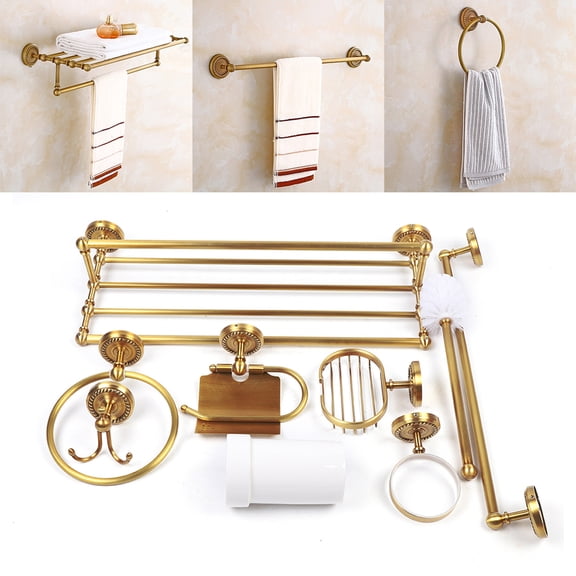 7pcs Gold Copper Bathroom Hardware Set, Wall-Mounted Rustproof Bathroom Organizer Kit for Hotel Home Washroom