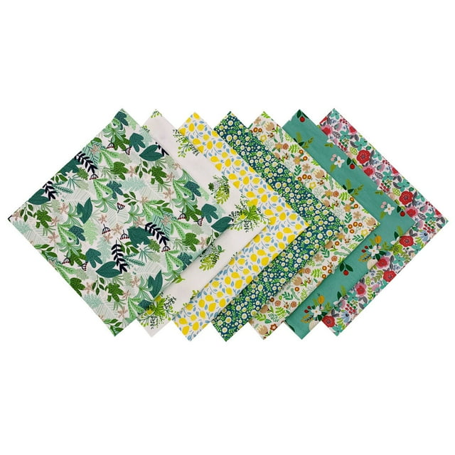 7pcs-green-floral-fat-quarters-fabric-bundles-patchwork-squares-precut