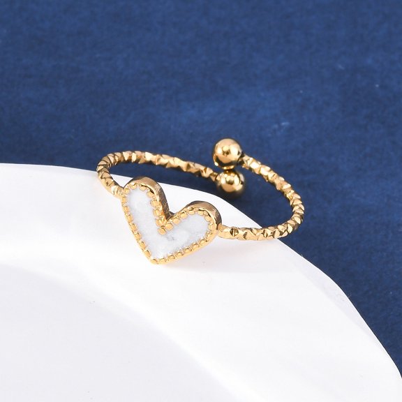 7pcs Heart 304 Stainless Steel Enamel Cuff Rings Golden White 9.5x7.5mm Size 7 1/4(17.5mm)