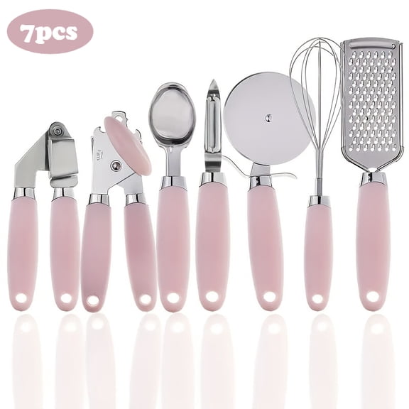 7pcs Heavy-Duty Stainless Steel Kitchen Gadget Set - Multi-Functional Tools with Whisk, Grater, Peeler, Ice Cream Scoop, Can Opener, Garlic Press & Pizza Cutter, Comfort Grip Ideal for Cooking