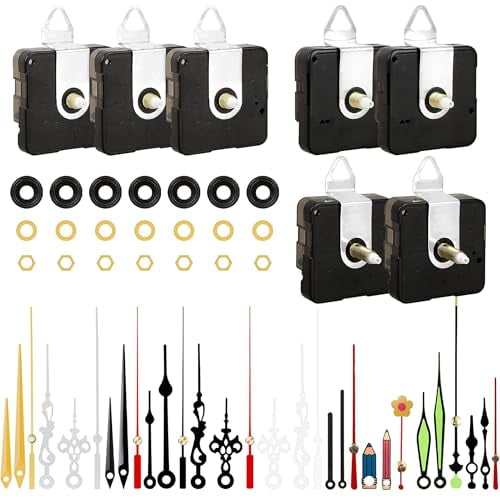 7pcs High Torque Quartz Clock Movement Mechanism Replacement Clock Kit with 10 Different Pairs of Hands Clock for DIY Handicrafts Repair Clock Parts Shaft Lengths 12mm 15.5mm 21.5mm