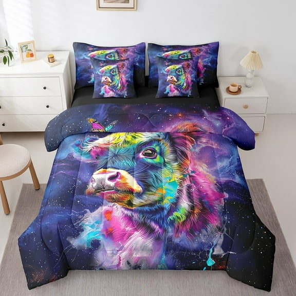 7pcs Highland Cattle Bedding Twin Purple Galaxy Comforter Set, Blue Butterfly Bedding Comforter Sets Kawaii Cow Bull Bed in a Bag, Univers Glitter Stars Bedding Accessories