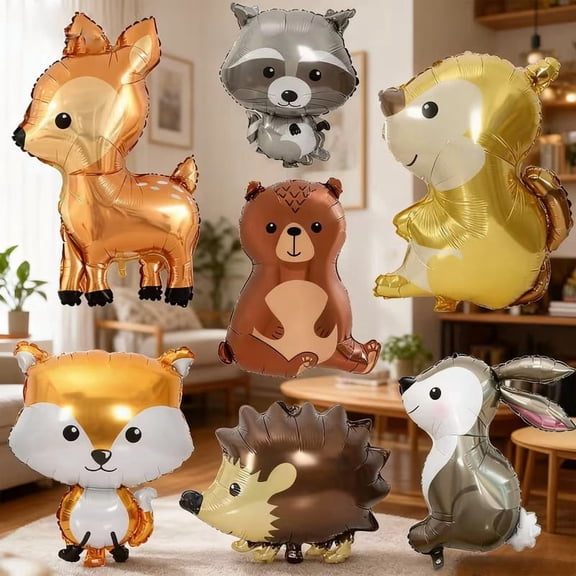 7pcs Jungle Animal Foil Balloons Set - Adorable Deer, Raccoon, Hedgehog, Fox, Bear, Rabbit for Kids' Birthday Party Decorations