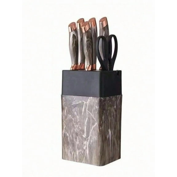 7pcs Knife Set - 5 Multifunctional Chef Knives, 1 Pair of Scissors with Base - Stainless Steel, Marble Pattern, Simple Luxury Style (White/Brown/Silver/Gold) - For Home Kitchens