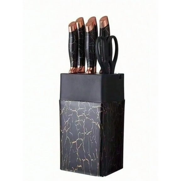 7pcs Knife Set - 5 Multifunctional Chef Knives + Scissors + Base | Stainless Steel with Marble Pattern (White/Brown/Silver/Gold) | Simple Luxury Style for Home Kitchens
