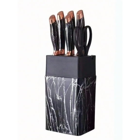 7pcs Knife Set - 5 Multifunctional Chef Knives + Scissors + Base | Stainless Steel with Marble Pattern (White/Brown/Silver/Gold) | Simple Luxury Style for Home Kitchens