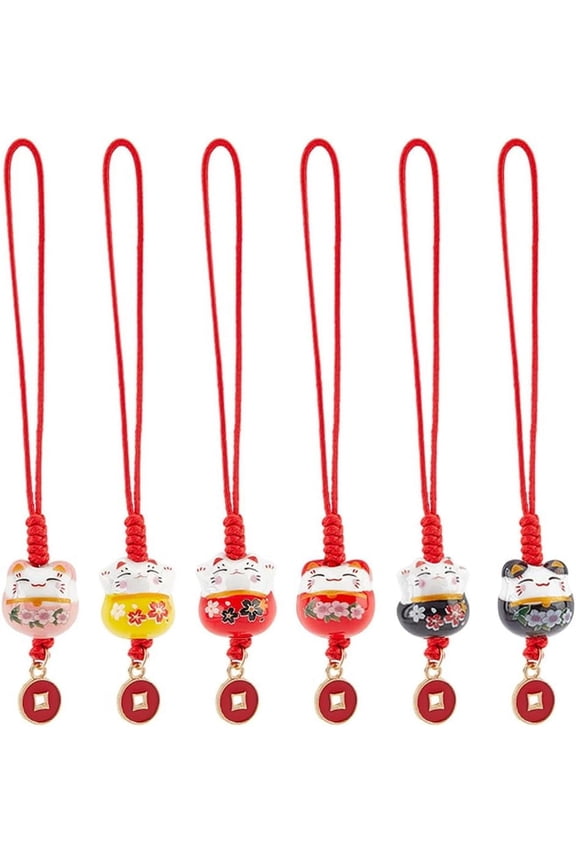 7pcs Lucky Cat Keychains Ceramic Beckoning Cat Charms Keyrings Pendant Maneki Neko Ornament Fortune Pendants Mobile Phone Pendant with Coins Alloy