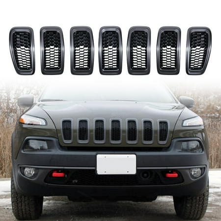 7pcs Matte Black Mesh Honeycomb Grille Inserts with Retro Gray Dark Trim Fit 2014-2018 Jeep Cherokee
