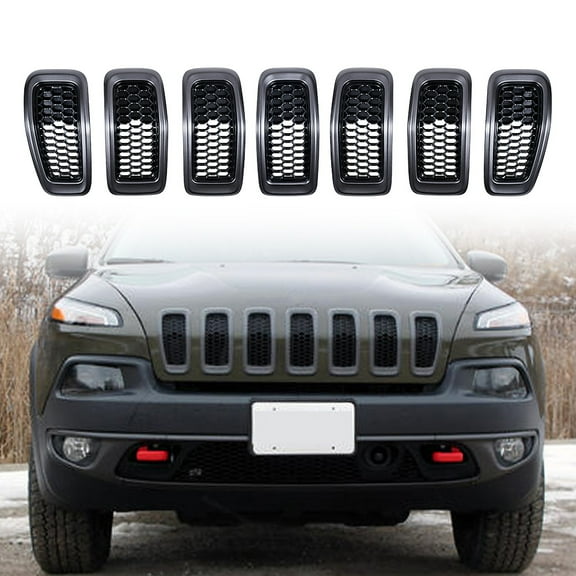 7pcs Matte Black Mesh Honeycomb Grille Inserts with Retro Gray Dark Trim Fit 2014-2018 Jeep Cherokee
