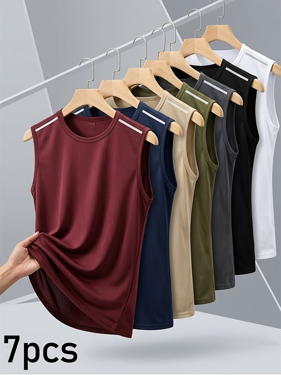 7pcs Men's Novelty Sleeveless Tank Tops, Assorted Multi-Colors In Solid Shades, Lightweight, Breathable, Quick-Dry & Comfortable Tank Shirts
