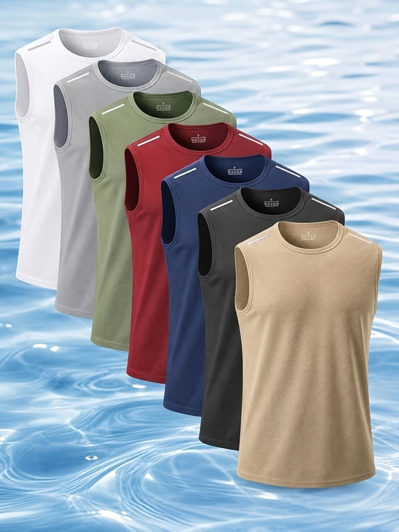 7pcs Men's Quick-Dry Training Tank Tops. Sleeveless muscle shirts, high-elastic breathable fabric. Camiseta Sin Mangas Hombre for gym, basketball, football, running, sports & workout gear.