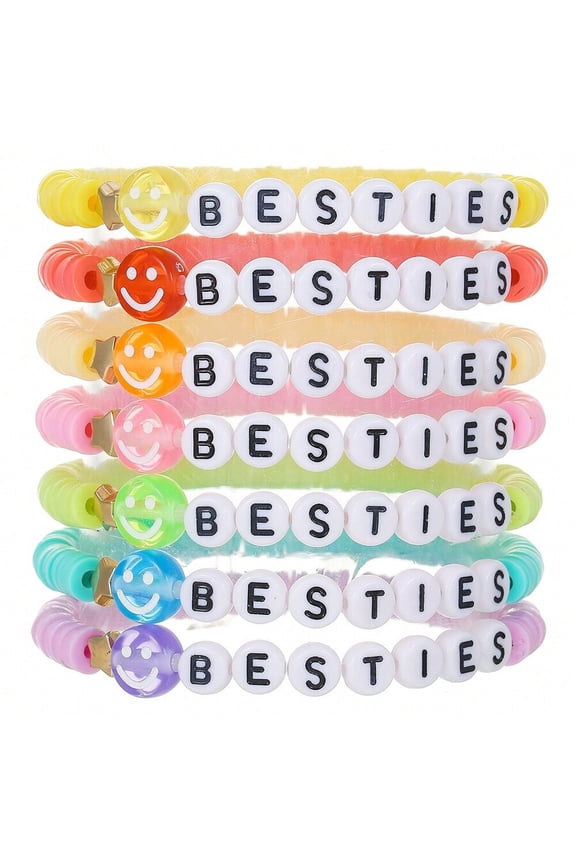 7pcs Multicolor Stretch Friendship Bracelets With Smiling Face And Beaded BESTIES Letters