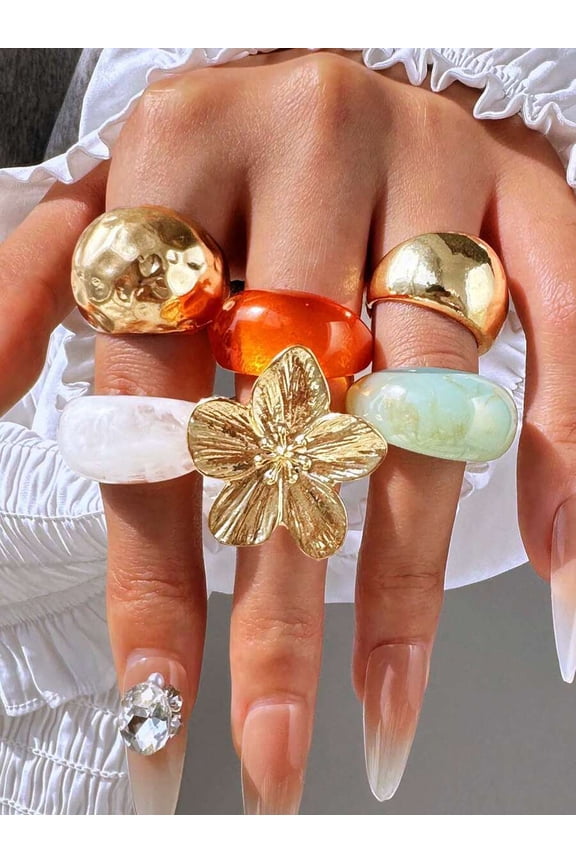 7pcs Multicolor Vintage Luxury Geometric Jade-Style Embedded Ring Set, Thick Goldtone Metal Fashion Rings For Daily And Party