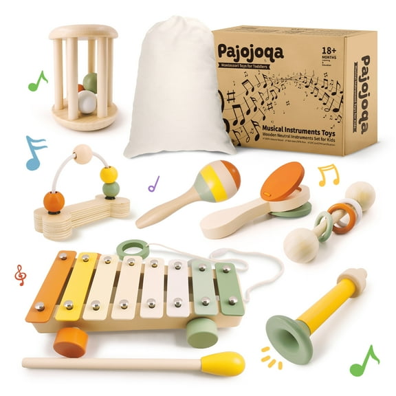 7pcs Musical Instruments Set - 18M+ Montessori Toys 2 3 4 Neutral Colors Wooden Toys for Toddlers 3-5 Percussion Instruments Modern Boho Xylophone Sensory Gifts Boys Girls