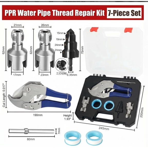 7pcs PPR Pipe Threading Tool Kit, Plastic Pipe Threader with Cutter, 4/6 Inch Die Heads