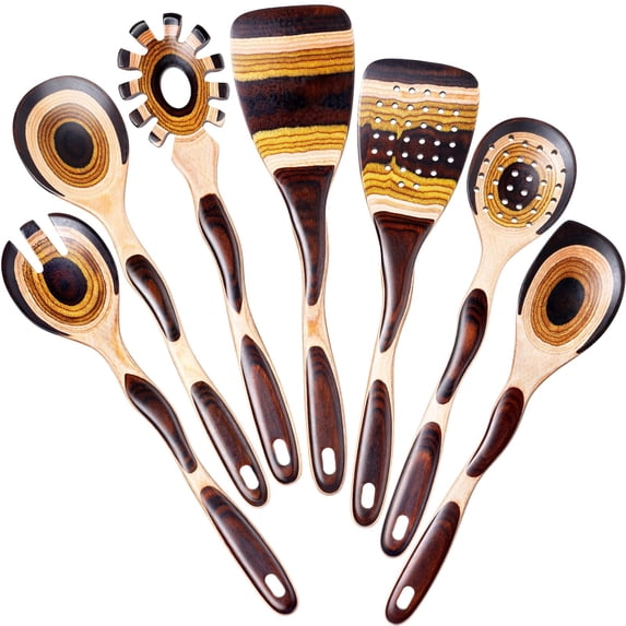 7pcs Pakkawood Kitchen Utensils Set For Cooking Wooden Spoons Safe Eco-friendly Non-stick Utensil Cookware Housewarming Gifts Brown