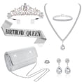 thumbnail image 1 of 7pcs Party Jewelry Crown Set, Include Birthday Queen Sash Crown Jewelry Set And Clutch Purse, Silvery Rhinestone Necklace Earrings Bracelets Set For Birthday Wedding Halloween Christmas Party Prom, 1 of 9