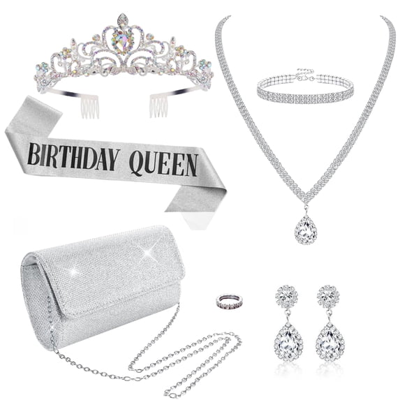 7pcs Party Jewelry Crown Set, Include Birthday Queen Sash Crown Jewelry Set And Clutch Purse, Silvery Rhinestone Necklace Earrings Bracelets Set For Birthday Wedding Halloween Christmas Party Prom